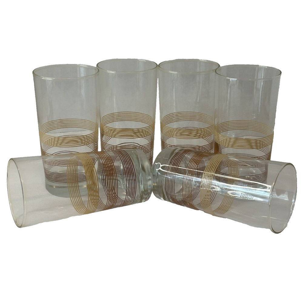 Vintage Mid Century Tumbler Glass set of 6 with Colored Stripes Retro Barware